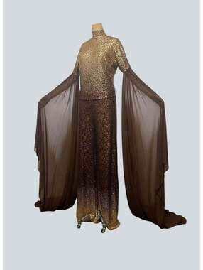 Gold and Bronze Sequin Jumpsuit with Chiffon Cape Sleeves